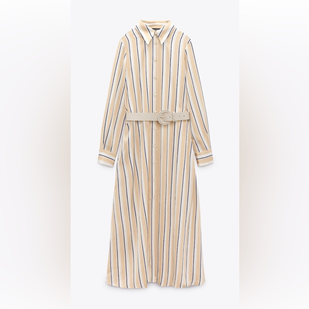 Zara Cream and Blue Long Sleeve Shirt Dress